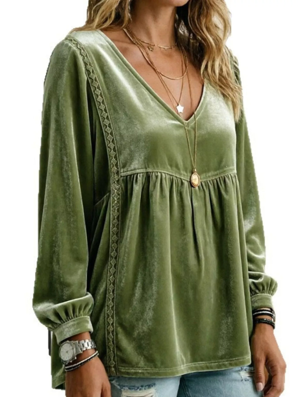 Velvet V-Neck Blouse with Lace Trim