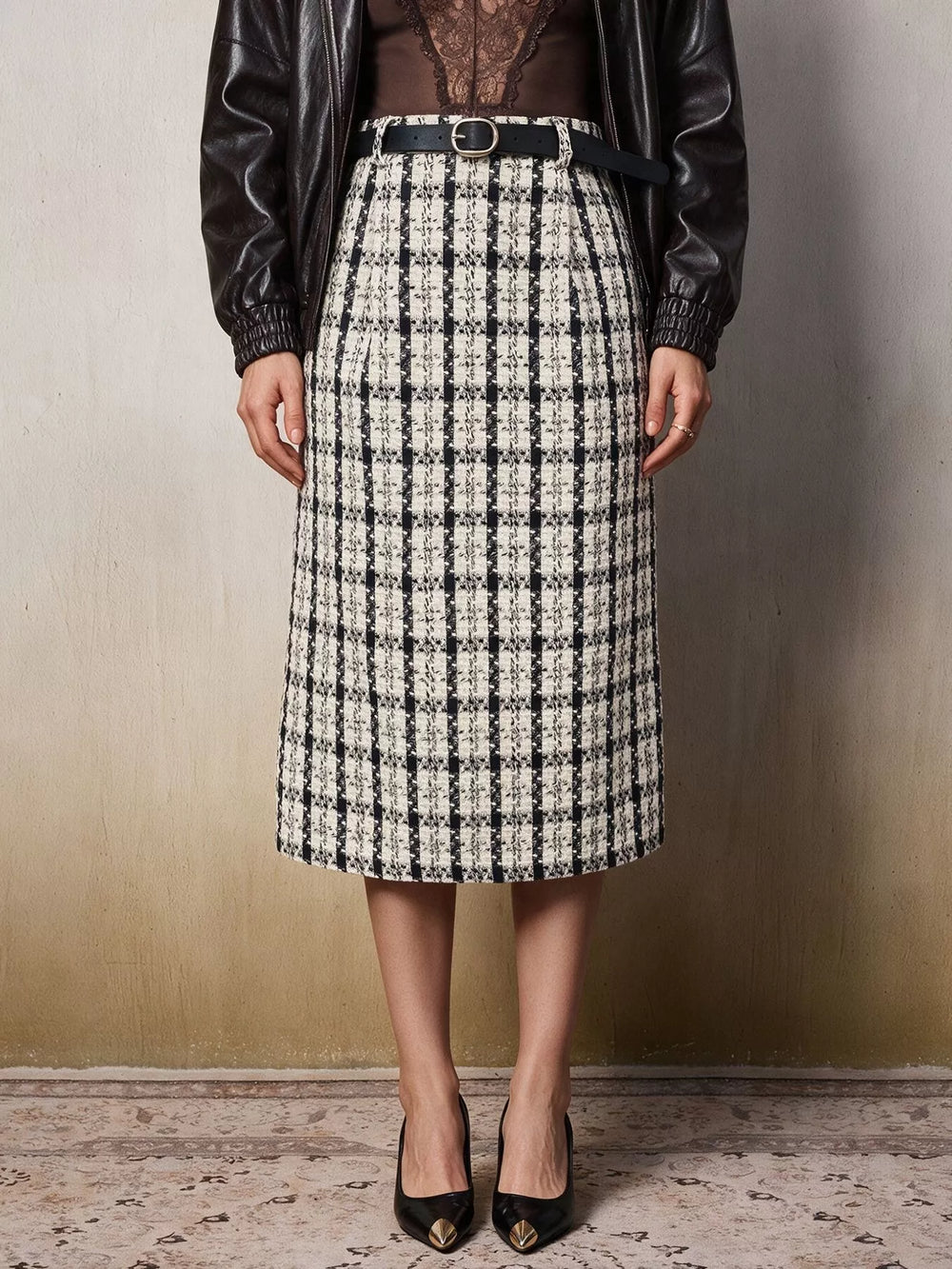 High-Waisted Tweed Plaid Midi Skirt