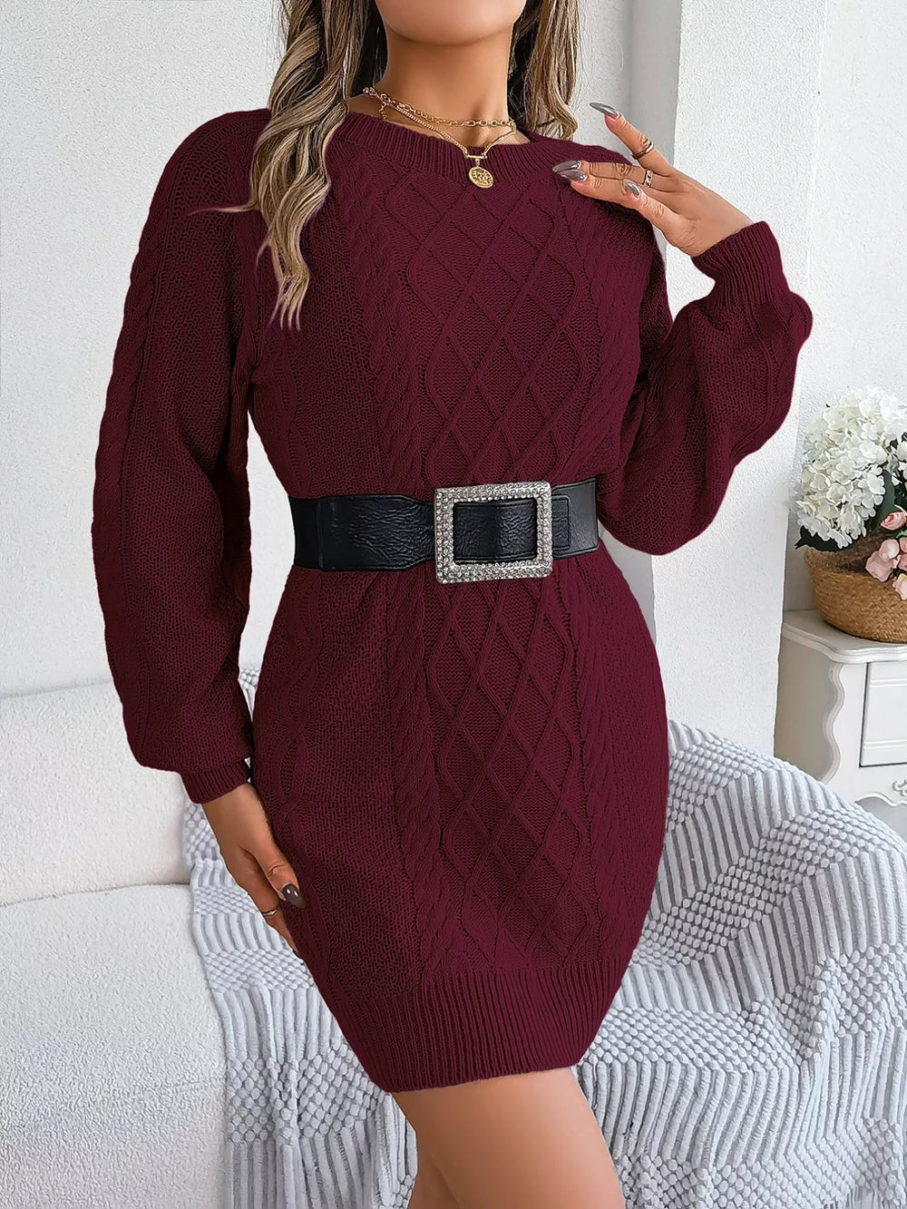 Diamond Cable Knit Long Sleeve Sweater Dress