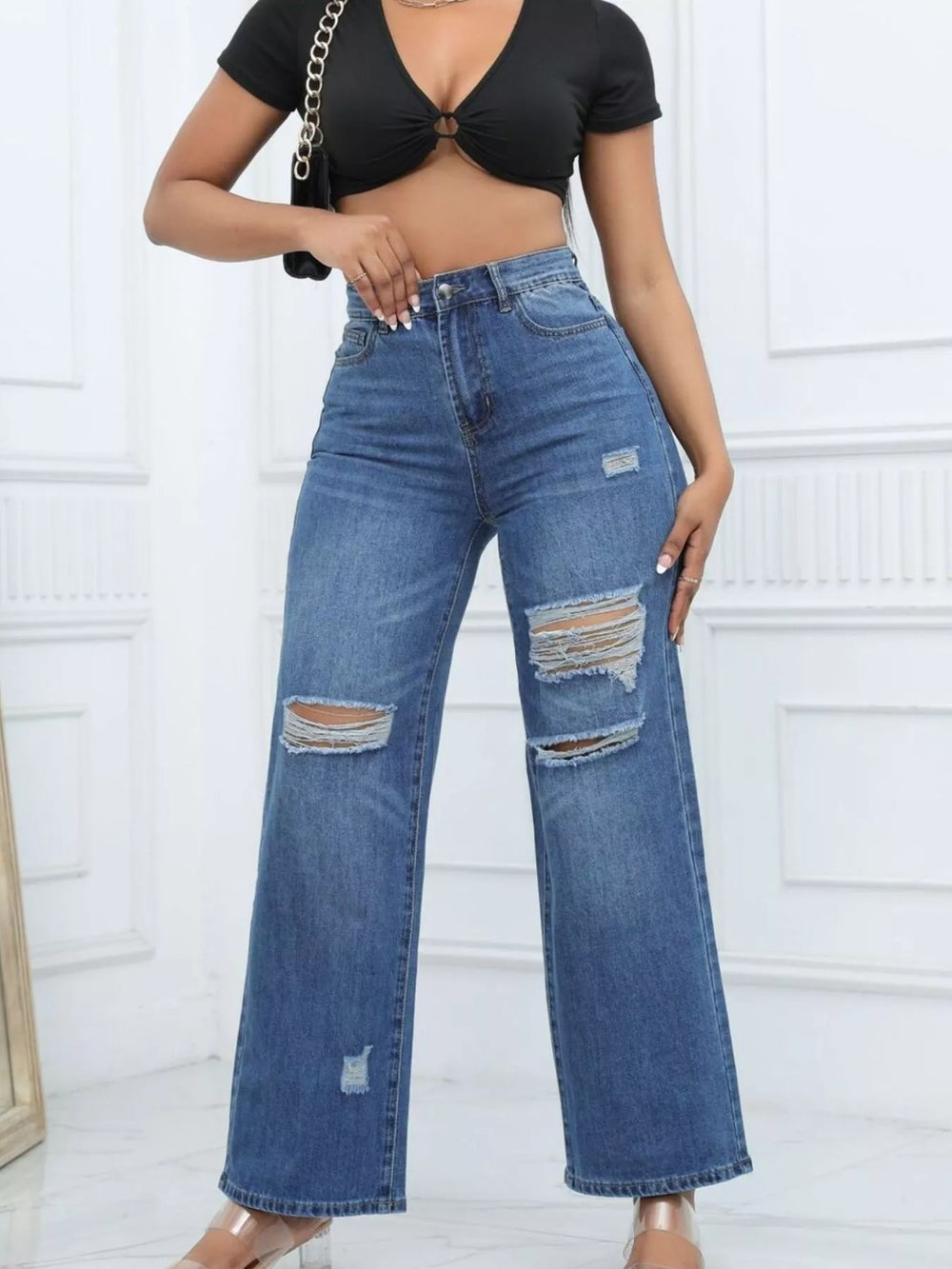 Distressed Wide-Leg Jeans