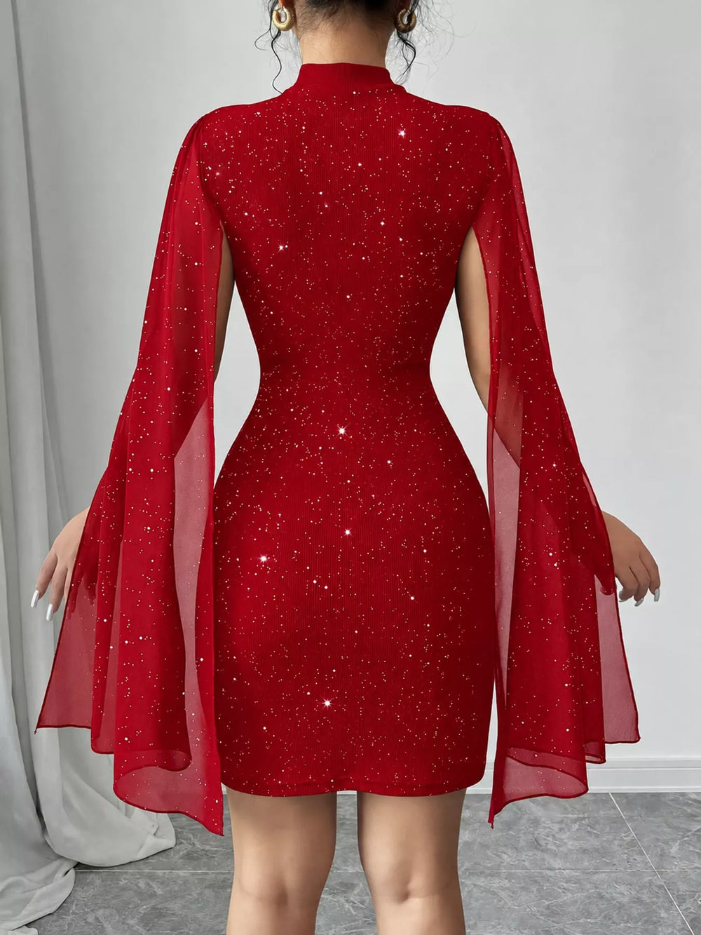 Glitter Mock Neck Cape-Sleeve Bodycon Mini Dress
