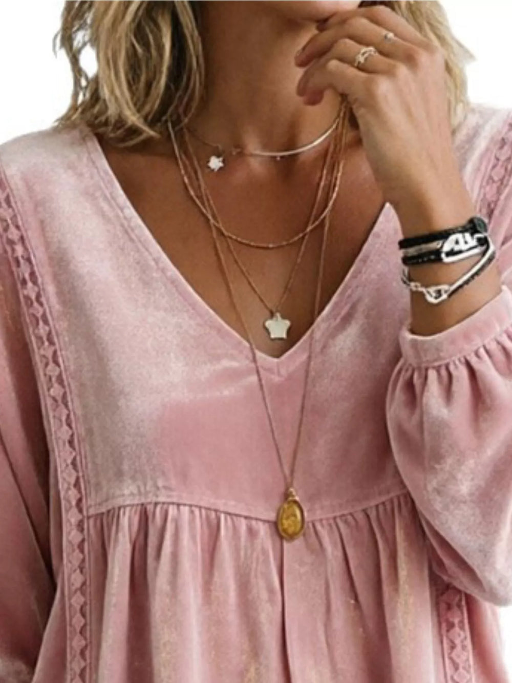 Velvet V-Neck Blouse with Lace Trim