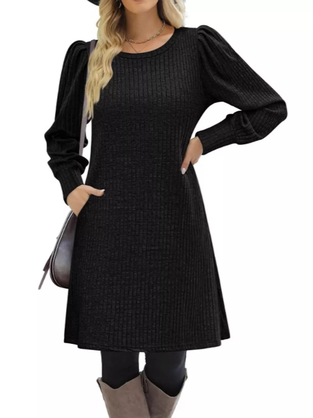 Puff Sleeve Ribbed Knit Dress with Pockets