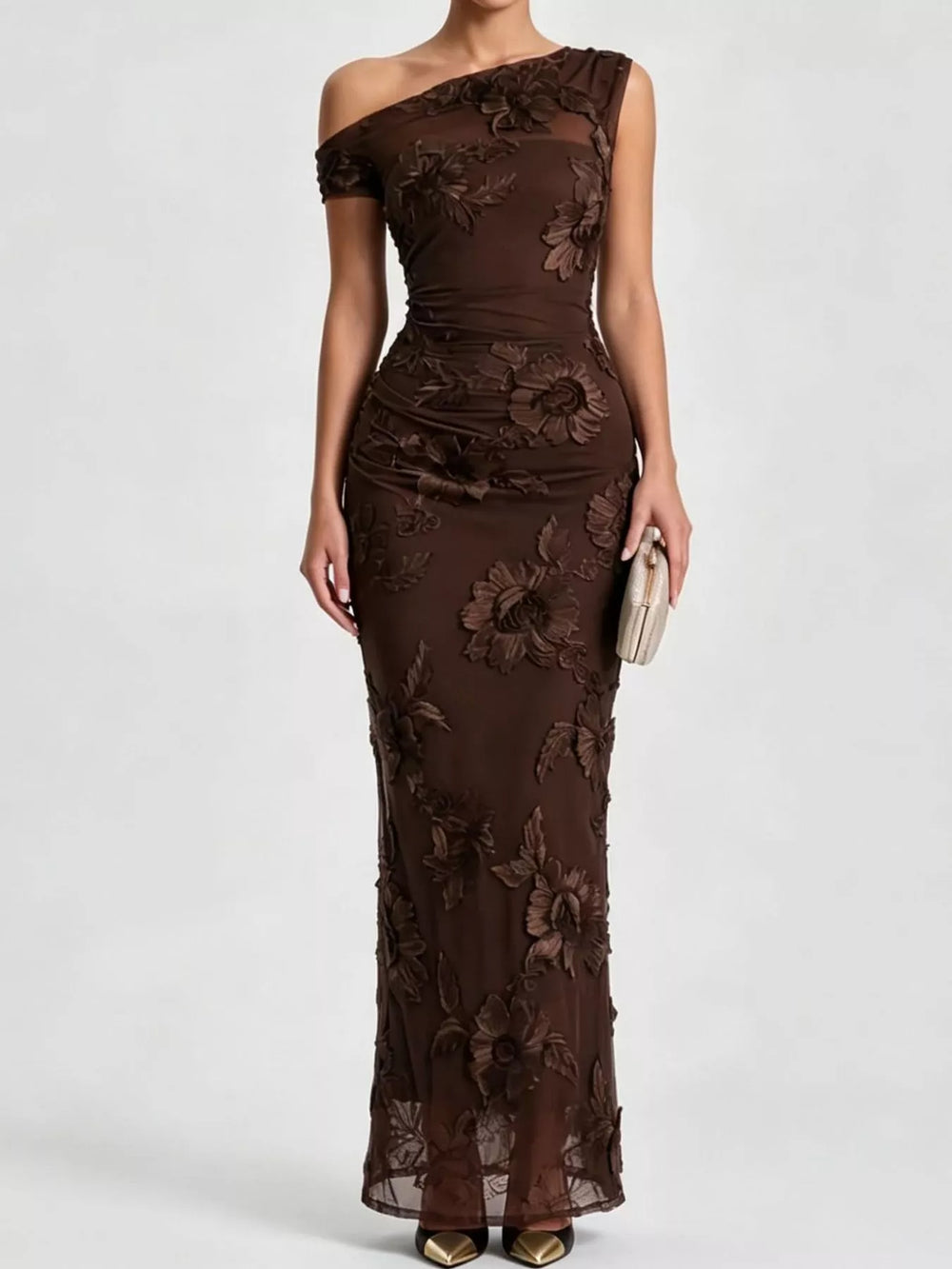 One-Shoulder Floral Embroidered Maxi Dress