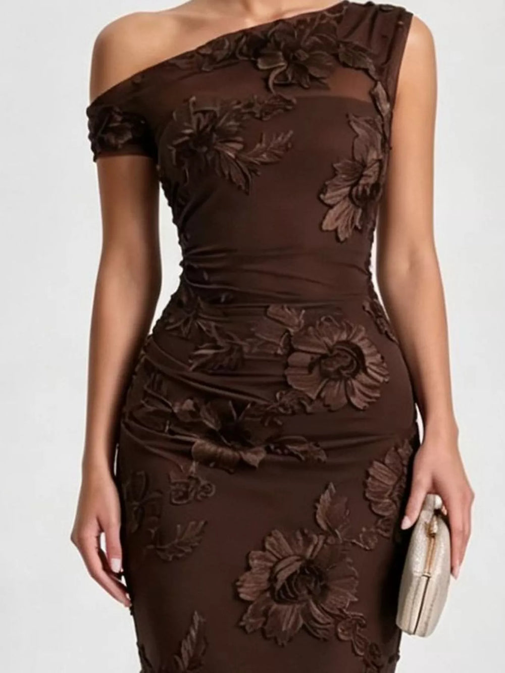 One-Shoulder Floral Embroidered Maxi Dress