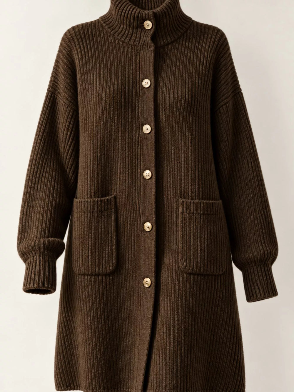 Ribbed Turtleneck Button-Up Longline Cardigan