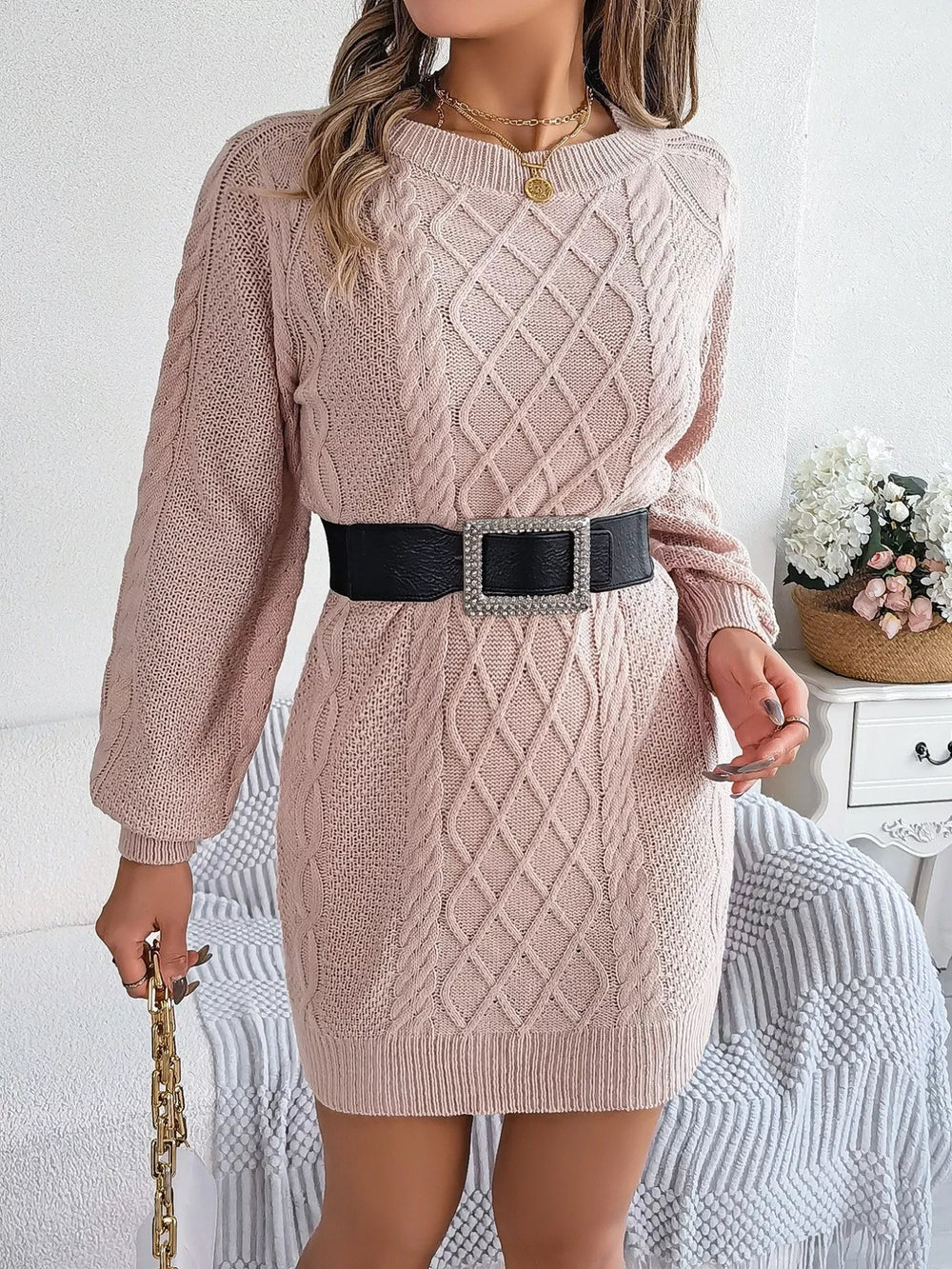 Diamond Cable Knit Long Sleeve Sweater Dress