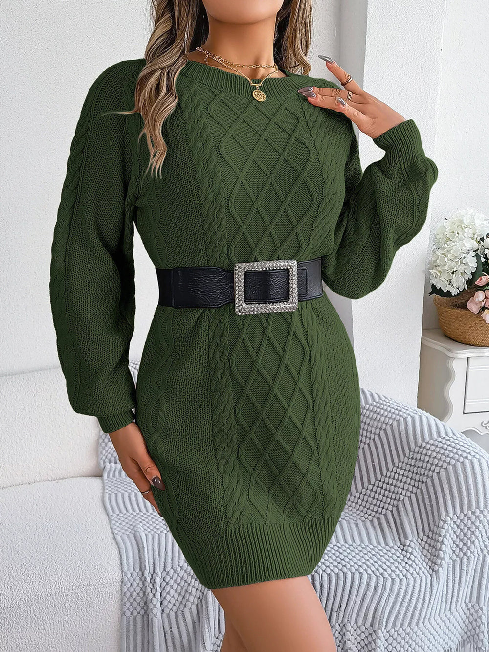Diamond Cable Knit Long Sleeve Sweater Dress