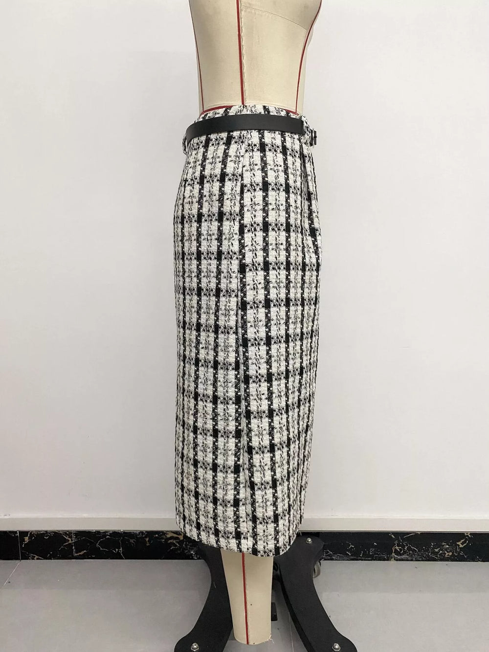High-Waisted Tweed Plaid Midi Skirt