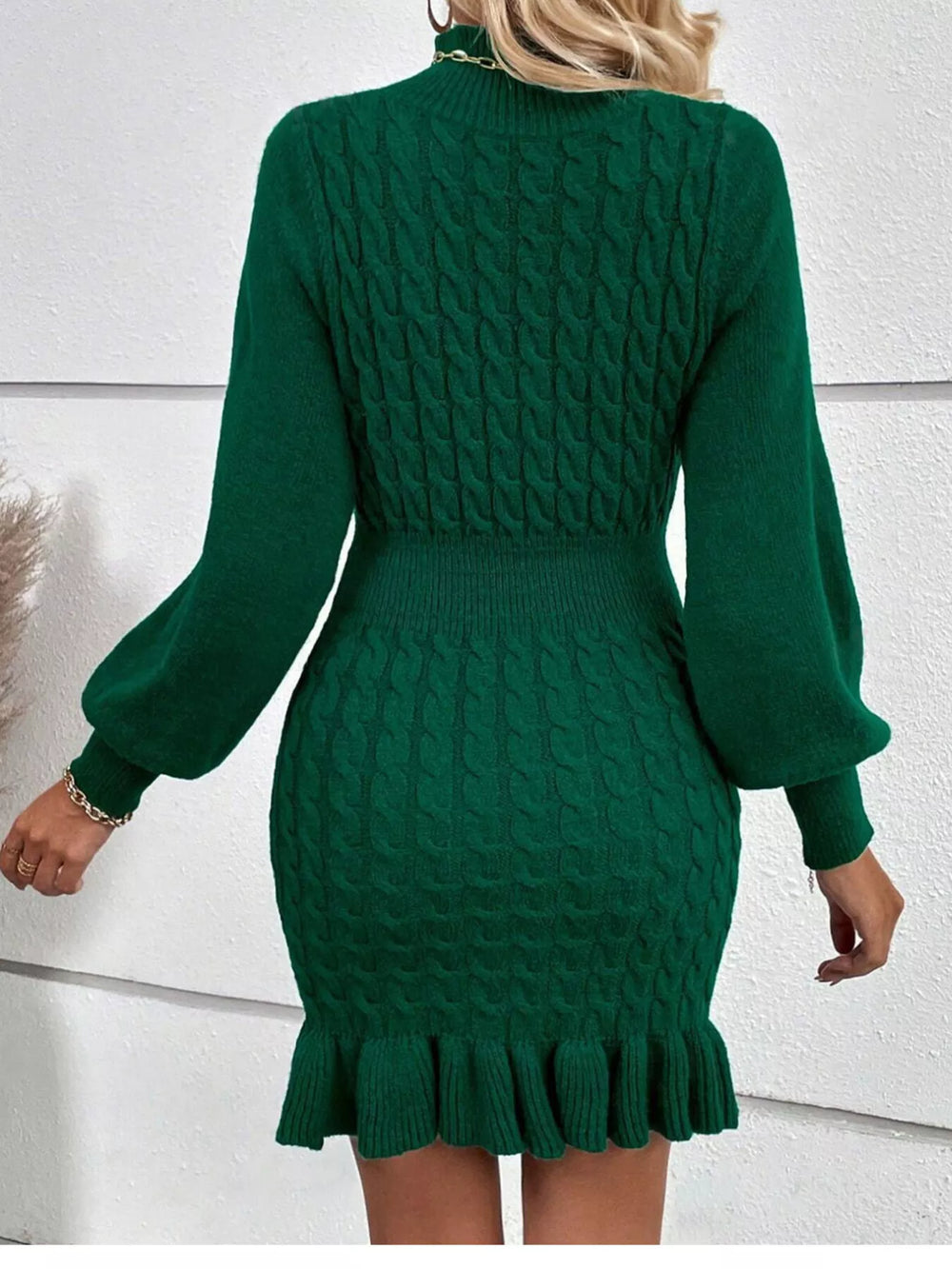 Cable Knit Mock Neck Sweater Dress with Ruffle Hem
