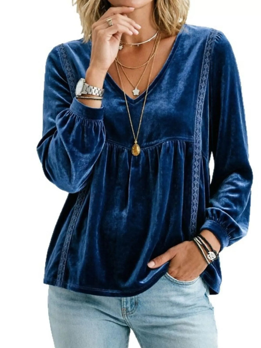 Velvet V-Neck Blouse with Lace Trim