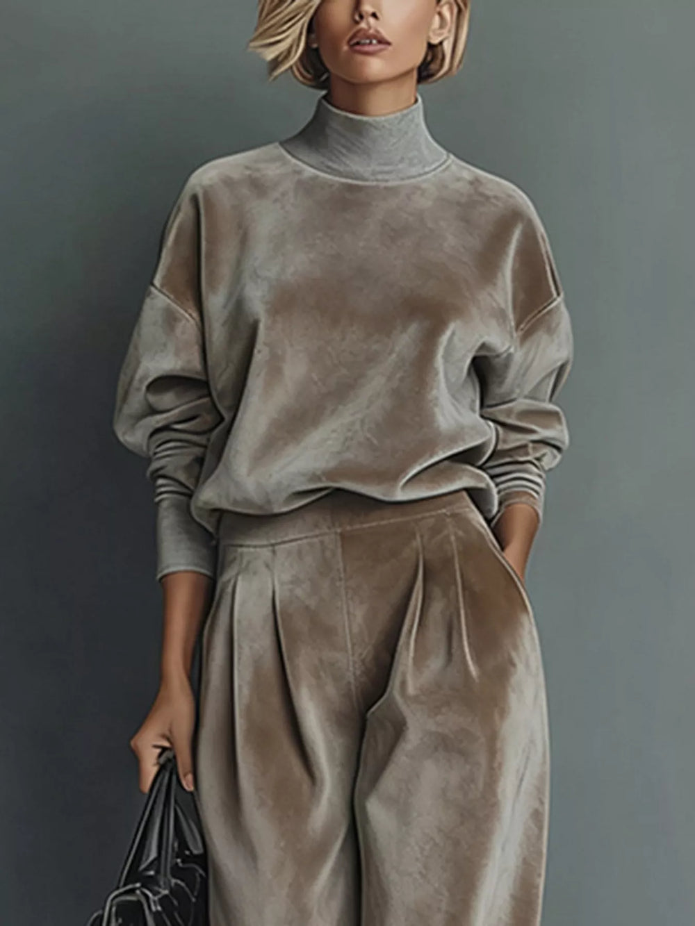 Velvet Mock Neck Top and Wide-Leg Pants Set, Full Size