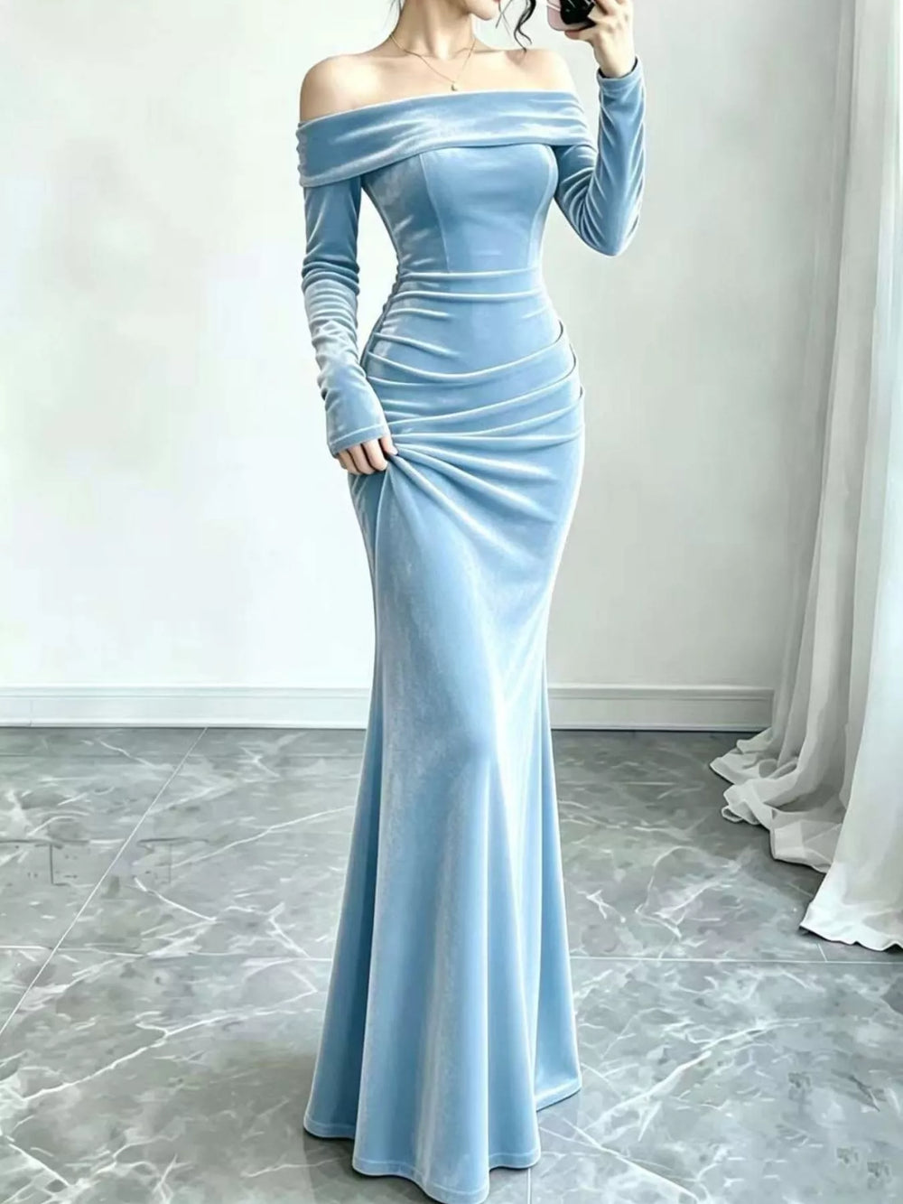 Off-Shoulder Velvet Mermaid Maxi Dress, Full Size