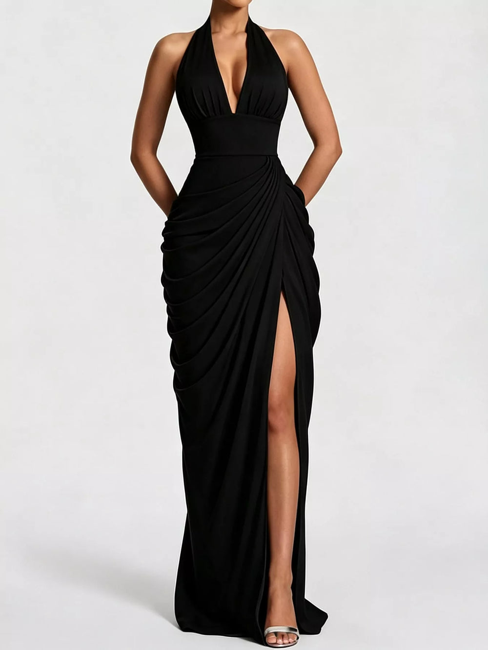 Halter Neck High-Slit Maxi Evening Dress