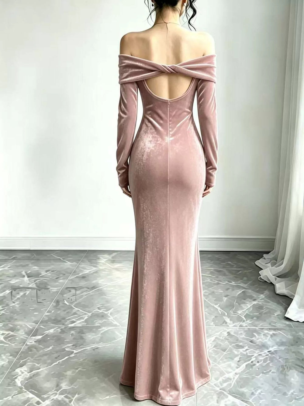 Off-Shoulder Velvet Mermaid Maxi Dress, Full Size