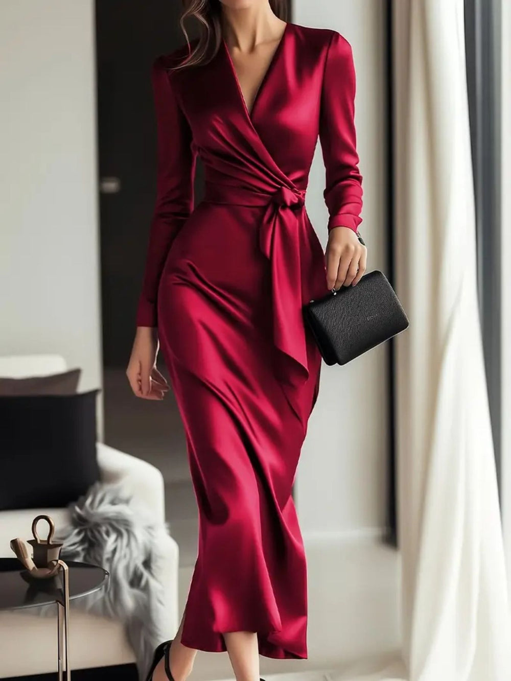 Satin Tie Waist Long Sleeve Dress