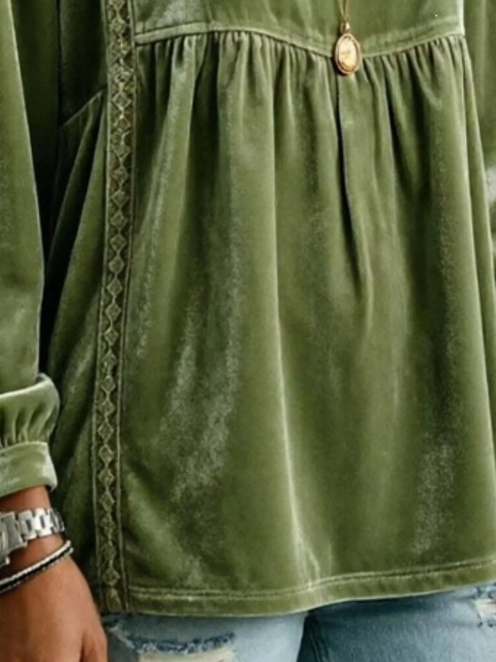 Velvet V-Neck Blouse with Lace Trim