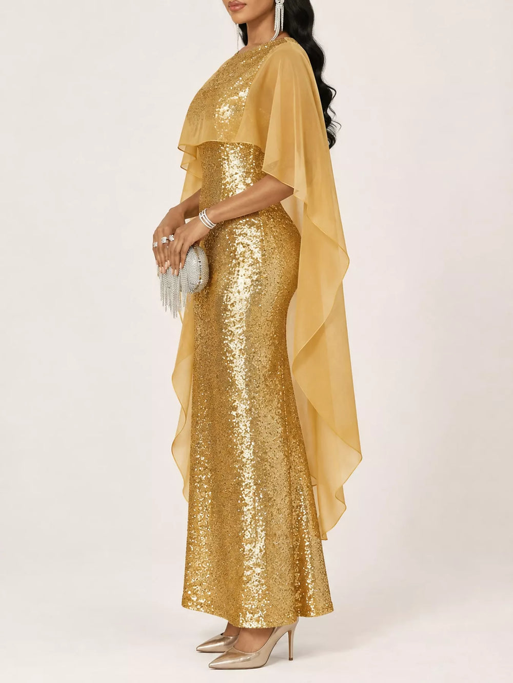 Sequin Cape Overlay Evening Dress