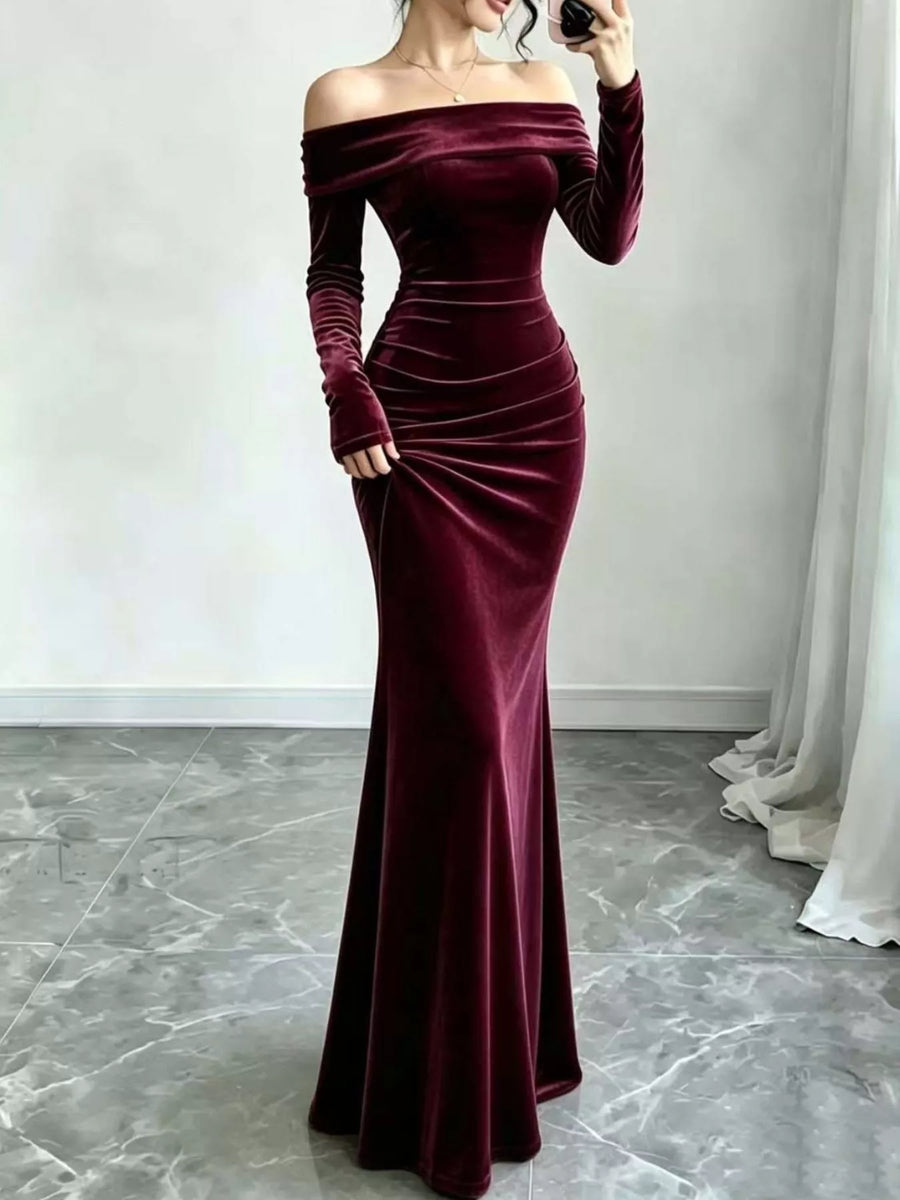 Off-Shoulder Velvet Mermaid Maxi Dress, Full Size