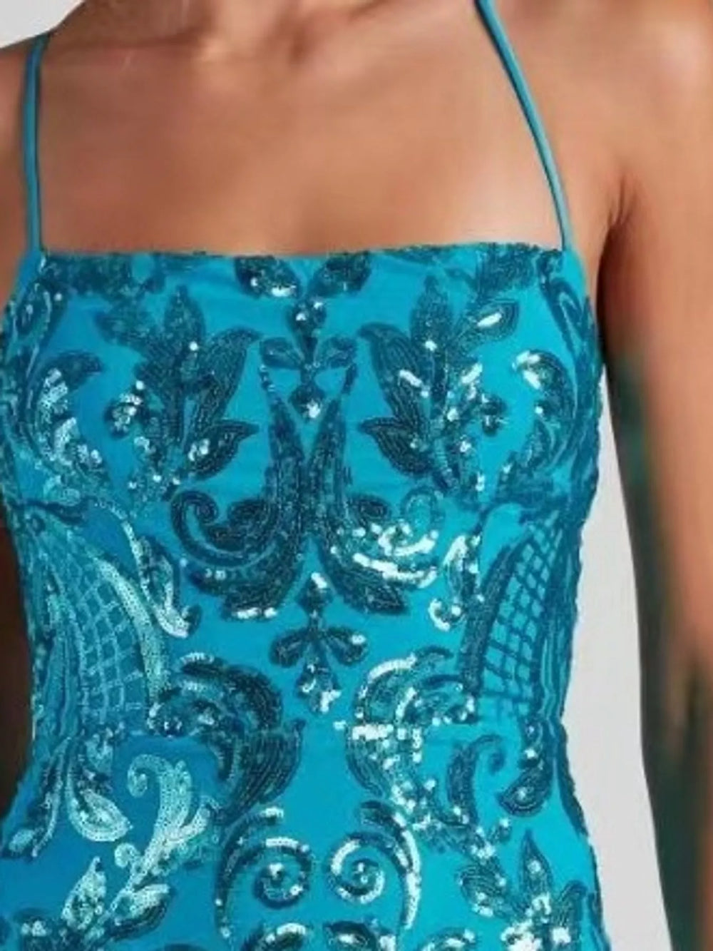 Sequin Embellished Bodycon Backless Evening Dress with Back Lace-Up