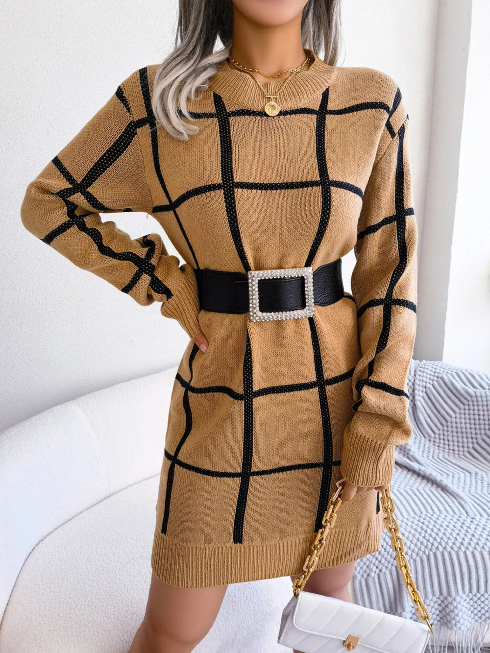 Plaid Long Sleeve Sweater Dress