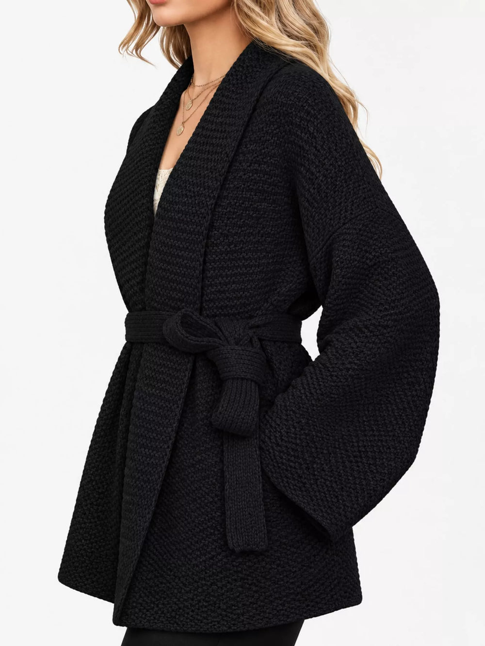 Belted Open-Front Knit Cardigan, Full Size