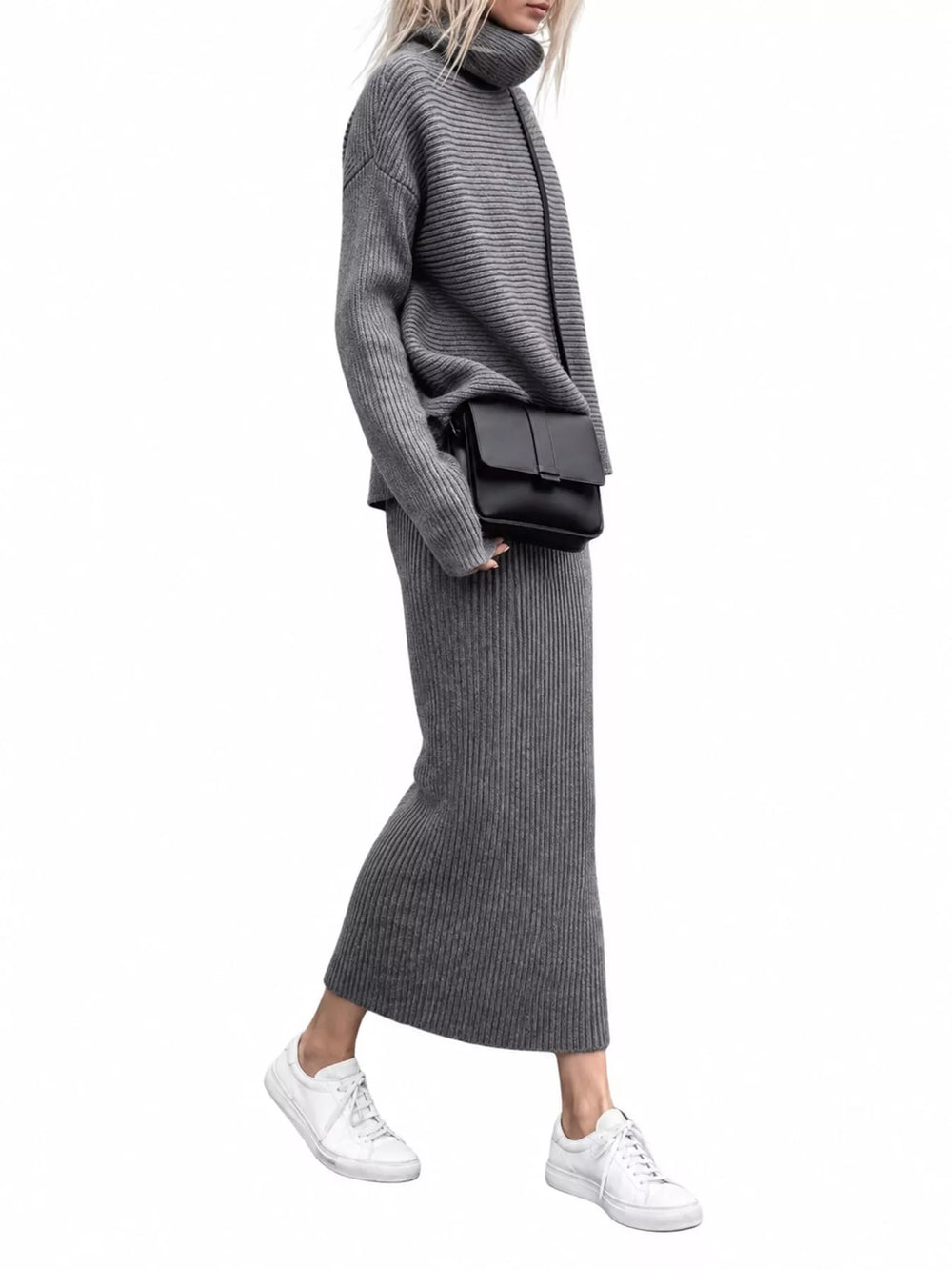 Ribbed Turtleneck Sweater & Midi Skirt Set