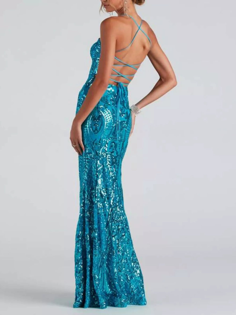 Sequin Embellished Bodycon Backless Evening Dress with Back Lace-Up
