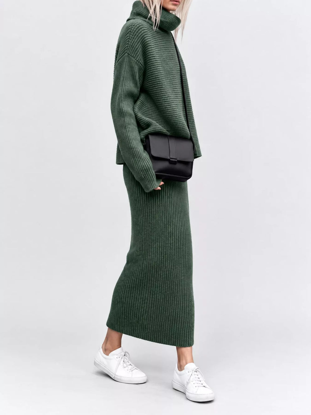 Ribbed Turtleneck Sweater & Midi Skirt Set