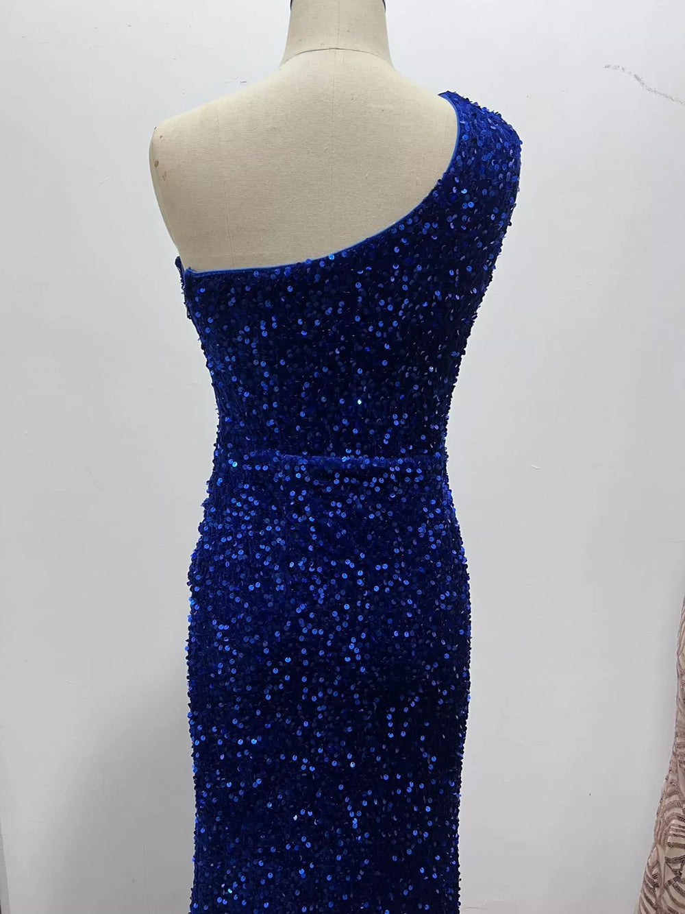 One-Shoulder Ruched Sequin High-Slit Evening Dress